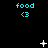 Pixelated cyan text 'food' with '<3' beneath it appears in three on a black background, with white star-like and dot-like animations scattered across the scene