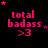 Pixelated pink text 'total badass >3' on black background with shifting star positions across frames.