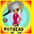 A 50x50 pixel animated buddy icon featuring a cartoon character with gray pigtails, blue eyes, and a red dress against a rainbow gradient background, displayed as two sequential frames showing text color change from brown to blue.