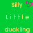 Green background with yellow pixelated text reading 'silly', 'little', 'duckling' in three , and a pink pixelated heart symbol above the top-left text