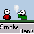 Pixel art animation of two figures in red and green shirts smoking, with smoke rising from their hands and text reading "Smoke Dank" below.