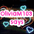 Animated icon with four distinct sections: top-left shows pink text 'oliviam103 says' over dark background with glowing hearts; top-right displays blue text 'peace to the' on colorful peace sign pattern; bottom-left features green text 'World!' over Earth image with green peace symbol; bottom-right is empty gray