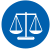 Blue circular icon with white justice scale symbol centered on solid background.