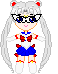 Pixel art character with silver hair, red cat ears, blue eyes, black glasses, red bow, blue skirt, white boots, and red accents on a gray background.