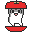 Pixelated character with red mushroom cap and white body stands on red platform, mouth open in first frame, closed in second frame, legs shifted in third frame.