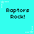 Cyan background with repeated 'Raptors Rock!' text and white star animations.