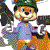 Pixelated cartoon character with orange fur, blue shirt, and green cap holding black objects against white background; adjacent dark green displays 'Original Icons .com' in bright green text