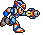 Pixel art character in blue and white armor with red accents, holding a large cannon-like weapon, shown in multiple running and firing poses against a gray background.