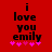 Red background with black text reading "i love you emily" and five pink pixelated hearts below the text, showing animation changes in heart positions.