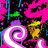 Pixelated abstract composition with swirling pink and white shapes against a dark background with blue and green accents.