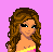 Pixel art contact sheet showing three frames of an animated icon with a cartoon woman, her torso, and legs against a pink background with yellow text.