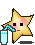 Pixelated star-shaped character with black eyes and red mouth holding a test tube, transitioning from yellow to blue