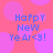 Pixelated text 'Happy New Year<3!' in blue on pink background with purple circles, static image.