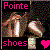 Pixelated icon with pink text 'Pointe' and 'shoes', two stylized figures in motion, a bright heart symbol on black background.