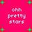 Bright pink background with green plus signs and white text reading 'ohh pretty stars' in four quadrants.