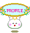 Four animated frames of a pixel art buddy icon featuring a white character with pink cheeks and a light blue oval frame labeled "PROFILE" surrounded by floral decorations.