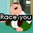 Animated cartoon character in white shirt and green pants with text overlays reading Race you to the Kitchen!
