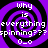 Four identical display a purple and black spiral background with white text reading 'why is everything spinning???', each containing '0_0' below the text