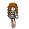 Pixel art character with long orange hair, gray dress, yellow accents, and checkered sleeves in two poses against a light gray background.