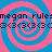 Pixelated spiral pattern with alternating pink and blue colors, overlaid with repeated text 'megan rule' and a sequence of symbols.
