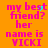 Pixelated orange background with pink text reading 'my best friend? her name is VICKI' and cyan pixel clusters in the top-left and middle-left of the text.