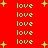 Red background with repeated green 'love' text and yellow star shapes scattered across the image.