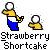 Pixel art animation of two cartoon figures: a larger figure in blue pants and white shirt holding a yellow object, and a smaller figure with red accents on its head.