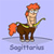 Pixelated cartoon character with orange hair and tail, brown body, green straps, holding a bow on light purple background with signature text below.