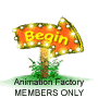 Animated orange sign with yellow 'Begin' text, surrounded by white lights, mounted on brown post with green grass base, labeled 'Animation Factory MEMBERS ONLY' below.