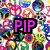 Pixelated of six distinct buddy icons with text overlays, featuring colorful symbols, hearts, a reindeer, and a green apple character