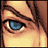 Pixelated close-up of a character's eye with blue iris and brown hair, showing text variations below the eye across frames.
