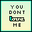 Four 48x48 pixel animated frames arranged in a contact sheet showing the phrase "YOU DONT LOVE ME" with changing cyan highlights on the word "LOVE".