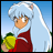Pixelated anime-style character with long white hair and red clothing holding a yellow object against a blue sky background, next to stylized text on black.