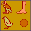 Pixelated icons on a mustard background include birds, feet, circles, scrolls, and abstract shapes in red-orange tones with occasional green accents.