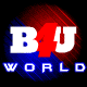 Four identical circular icons with red and blue striped backgrounds display 'B4U' in white text with a red '4' and 'WORLD' in blue pixelated text below.