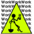 Yellow triangular warning sign with black stick figure holding a shovel, set against repeating 'Work' text background; green 'Original Icons .com' text on dark green