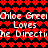 Red heart pattern background with repeated white text 'Chloe Green Loves The Direction' in pixelated font, alternating between solid and faded states.