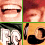 pixelated images showing a person with curly brown hair smiling widely, wearing headphones and displaying text elements