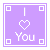 Two side-by-side animated frames of a purple buddy icon with white border and corner squares, displaying "I ❤️ You" text where the heart symbol changes color between frames.