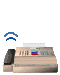 Animated sequence showing a beige telephone with blue signal waves, white paper sheets, and black handset in various states of movement.