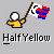 Pixelated character in yellow shirt holds flag with black symbols on white and red-blue stripes against gray background.