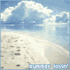 A static beach scene with white sand, blue sky, and fluffy clouds above calm water, labeled 'summer lovin' in light blue text at the bottom.
