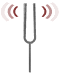 A pair of metallic tuning forks with red sound wave arcs, displayed in two vertical showing sequential animation frames