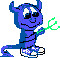 Blue cartoon demon with horns, tail, and white sneakers holds green scissors against gray background.