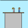 Pixel art animation of two characters on a platform, showing interaction and movement with text changes.