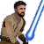 Pixelated image of a bearded man in brown clothing holding a blue lightsaber, next to green text reading Original Icons .com on dark background.