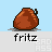 Pixelated cartoon dog with brown fur and white eyes appears in multiple poses against cyan and light blue backgrounds, with text "fritz" below each frame.