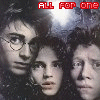 identical pixelated images showing three people with dark hair and glasses, overlaid with red text reading "ALL FOR ONE" against a bright light background
