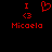 Red pixelated text and symbols on black background: 'I', '<3', 'Micaela' with a heart symbol changing from open to closed.