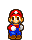 Pixelated Mario character in red cap, blue overalls, white gloves, and brown shoes holding a white ball against gray background.